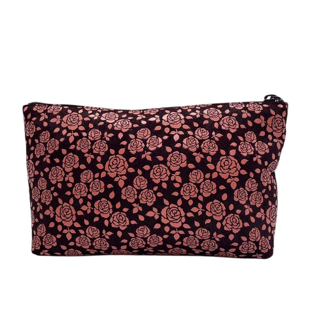 美品 ノーブランド ポーチ ピンク 花柄 バラ柄 小物入れ 化粧ポーチ レザー 本革 スウェード ブラウン 茶色 おしゃれ 可愛い 収納バッグ