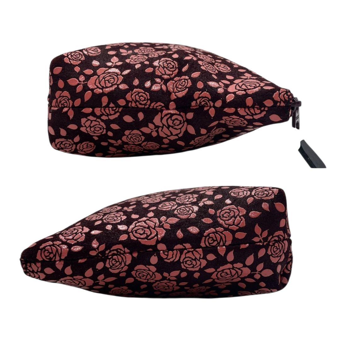 美品 ノーブランド ポーチ ピンク 花柄 バラ柄 小物入れ 化粧ポーチ レザー 本革 スウェード ブラウン 茶色 おしゃれ 可愛い 収納バッグ