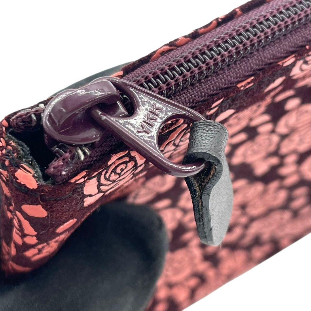 美品 ノーブランド ポーチ ピンク 花柄 バラ柄 小物入れ 化粧ポーチ レザー 本革 スウェード ブラウン 茶色 おしゃれ 可愛い 収納バッグ