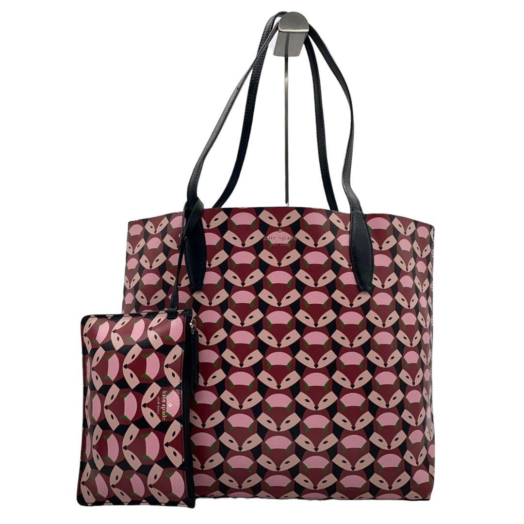 ケイトスペード kate spade トートバッグ ハンドバッグ ブラック 黒 総柄 フォックス ワンショルダー 肩掛け可 レザー 本革 ポーチ付き マルチカラー ピンク レッド ロゴプレート