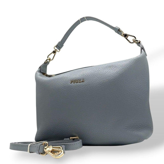 フルラ ショルダーバッグ 青 2way 斜め掛け可 ホーボー FURLA u15 ハンドバッグ トートバッグ レザー 本革 ロゴ ゴールド金具 ブルー 水色 上品 エレガント デイリー使い