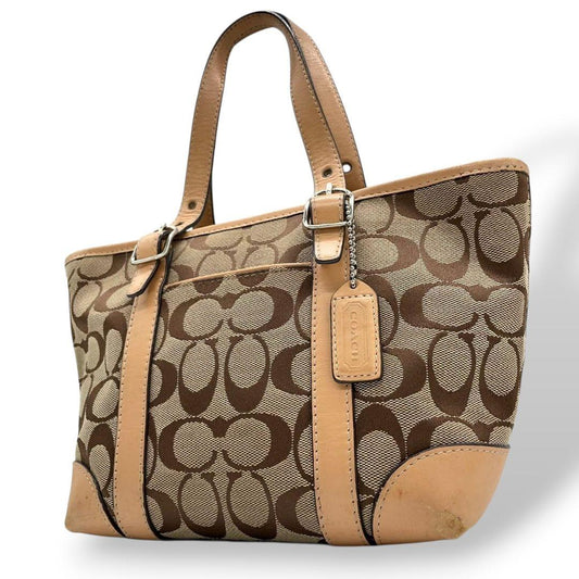 コーチ ハンドバッグ 茶 シグネチャー s6 キャンバス レザー 本革 トートバッグ ブラウン シルバー金具 ロゴタグ COACH 6043