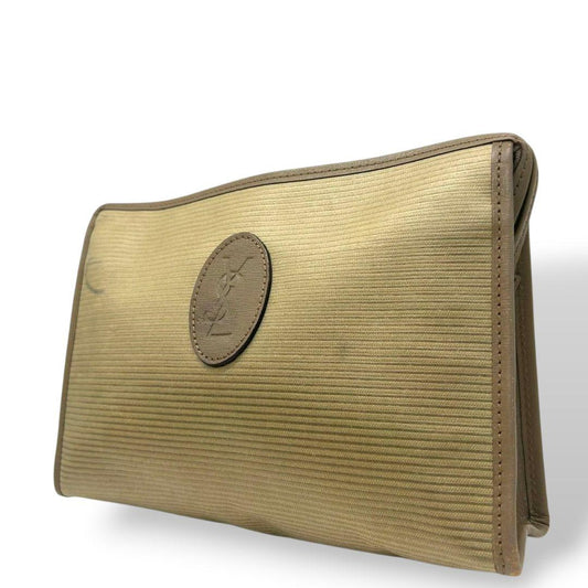 イヴサンローラン YVES SAINT LAURENT ポーチ クラッチバッグ セカンドバッグ 茶 ブラウン ベージュ YSLロゴ PVC レザー 本革 ロゴプレート s36 メンズ レディース