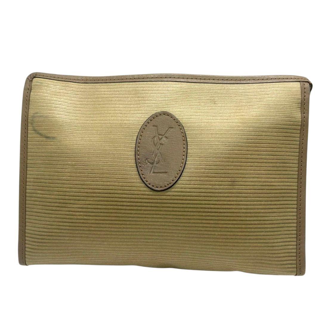 イヴサンローラン YVES SAINT LAURENT ポーチ クラッチバッグ セカンドバッグ 茶 ブラウン ベージュ YSLロゴ PVC レザー 本革 ロゴプレート s36 メンズ レディース