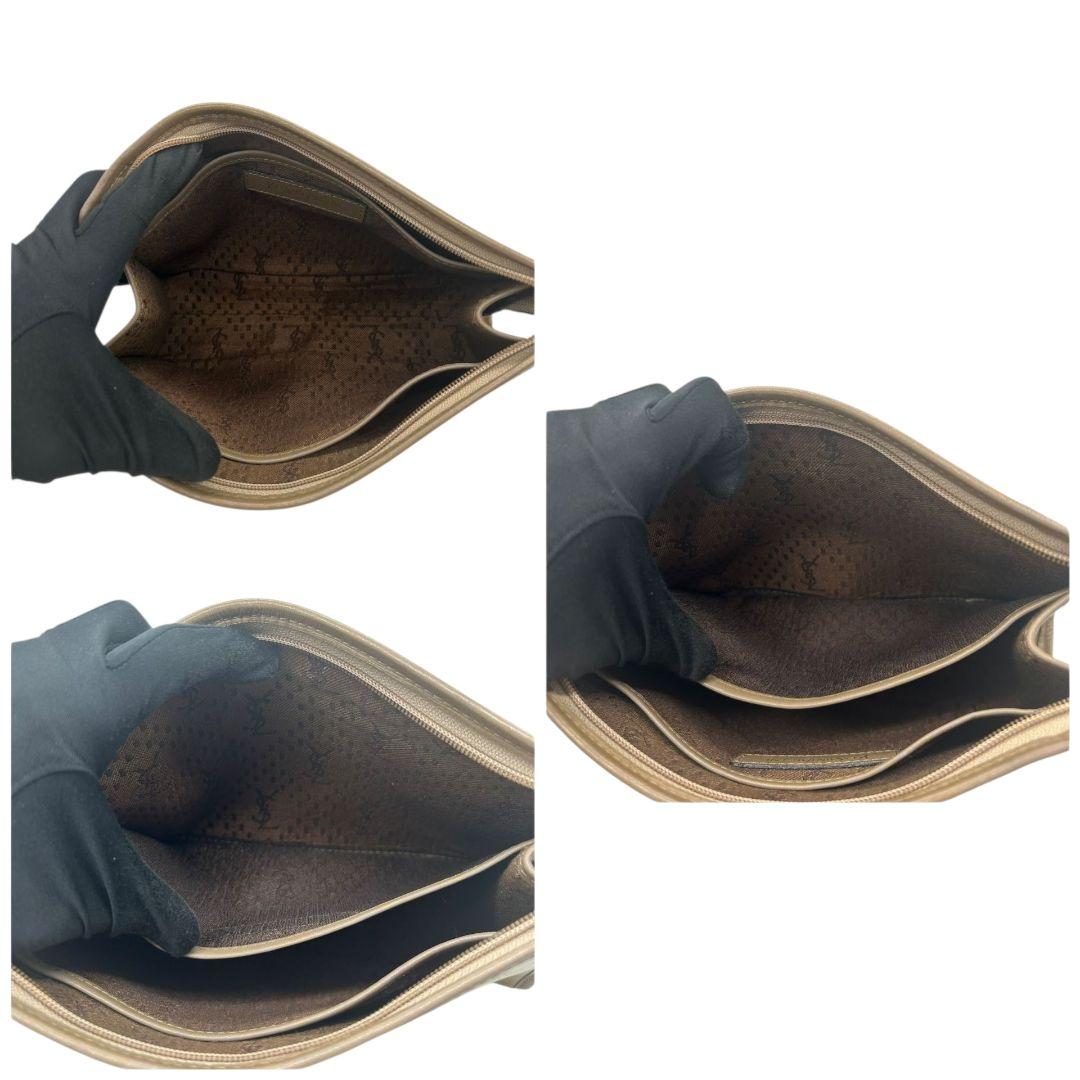 イヴサンローラン YVES SAINT LAURENT ポーチ クラッチバッグ セカンドバッグ 茶 ブラウン ベージュ YSLロゴ PVC レザー 本革 ロゴプレート s36 メンズ レディース