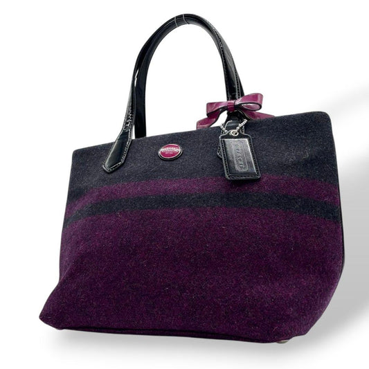 美品 コーチ トートバッグ グレー ブラック パープル ボーダー ウール パテントレザー 本革 ハンドバッグ 自立可 シルバー金具 ロゴタグ ロゴプレート COACH F24786 上品 おしゃれ