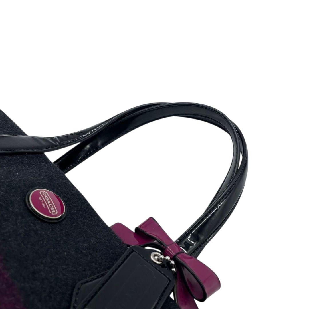 美品 コーチ トートバッグ グレー ブラック パープル ボーダー ウール パテントレザー 本革 ハンドバッグ 自立可 シルバー金具 ロゴタグ ロゴプレート COACH F24786 上品 おしゃれ