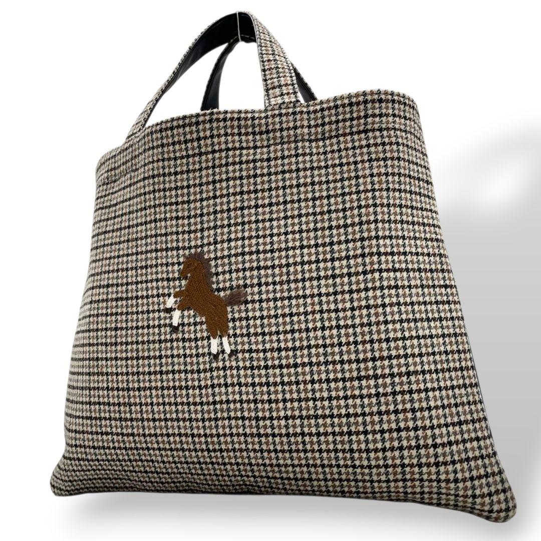 美品 セブンテン トートバッグ 千鳥格子 馬柄 ブラウン ブラック ベージュ マルチカラー ハンドバッグ レザー 本革