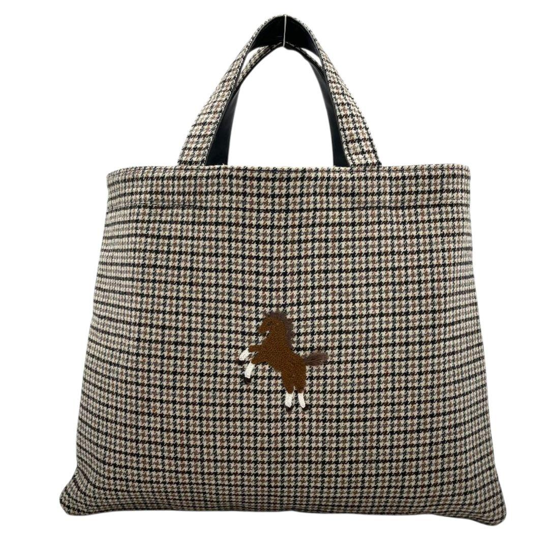 美品 セブンテン トートバッグ 千鳥格子 馬柄 ブラウン ブラック ベージュ マルチカラー ハンドバッグ レザー 本革