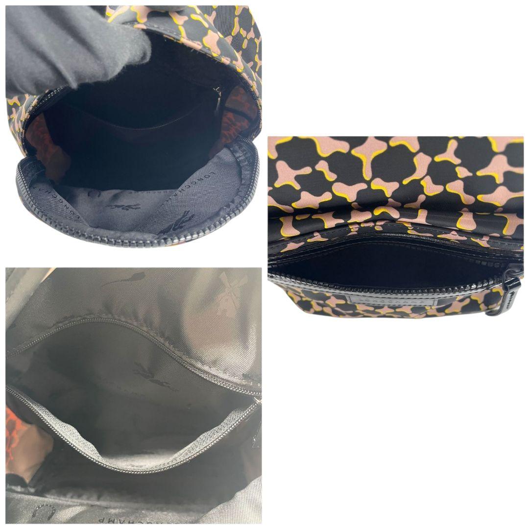 美品　ロンシャン　リュックサック　黒　総柄　ナイロン　バックパック　u15　ブラック　ピンク　イエロー　パテント　ロゴプレート　LONGCHAMP　本物保証　鑑定済　スピード発送