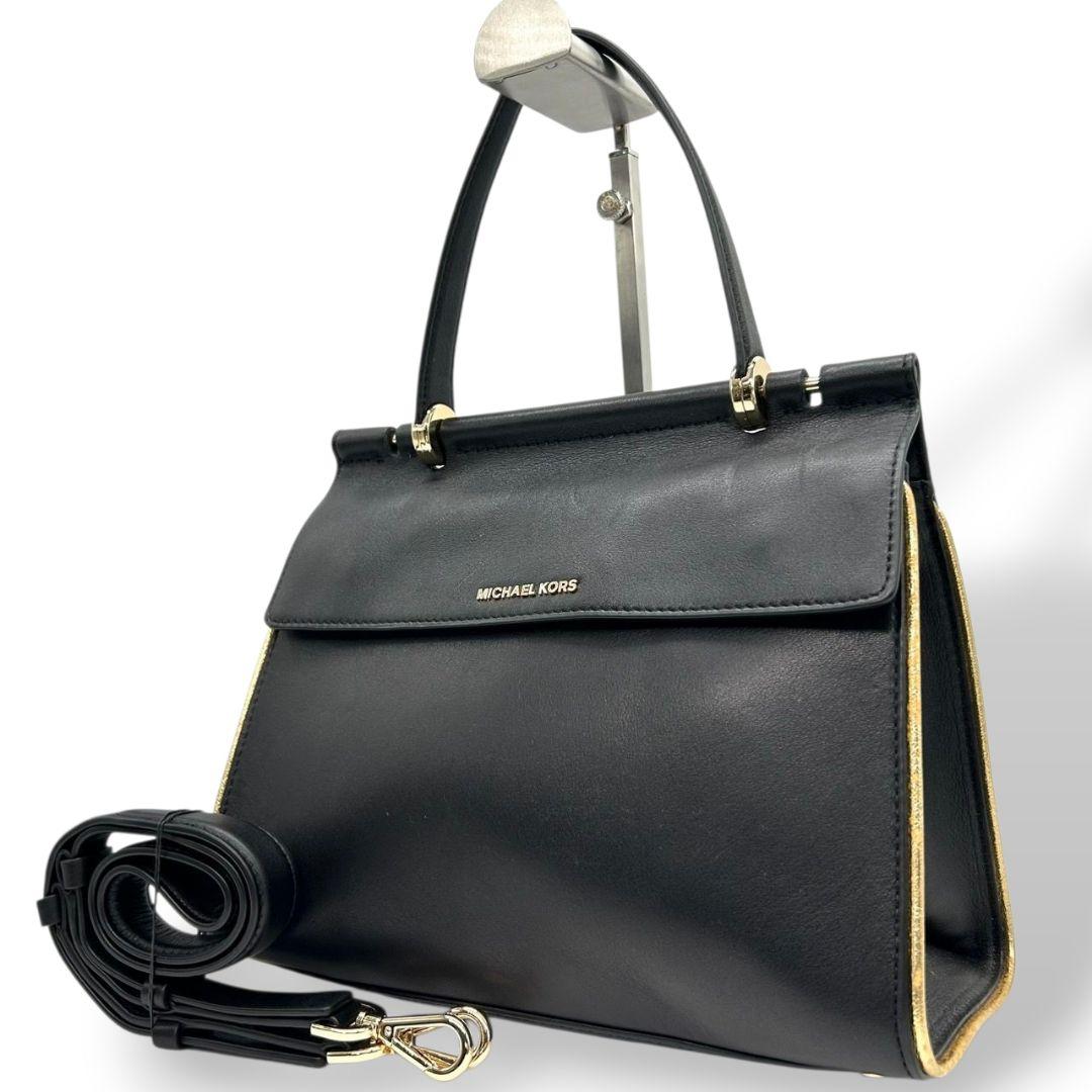 マイケルコース ハンドバッグ 黒 ブラック フラップ 2way トートバッグ ショルダーバッグ 斜め掛け可 レザー 本革 ゴールド金具 ロゴ s15 MICHAEL KORS