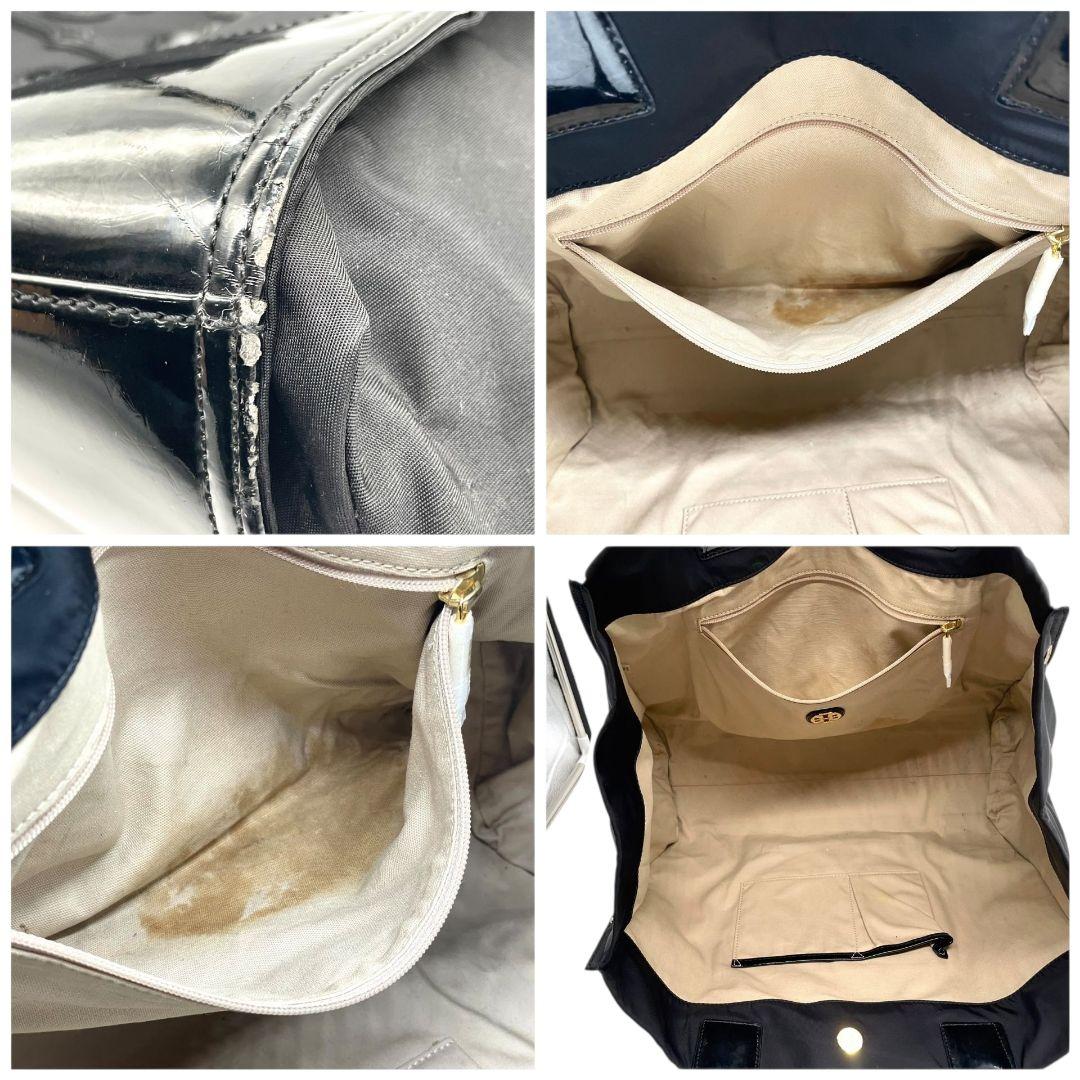 美品 トリーバーチ トートバッグ 黒 デカロゴ A4収納 ナイロン エナメル u13 ハンドバッグ ワンショルダー TORY BURCH 肩掛け可 ゴールド金具 ブラック 上品