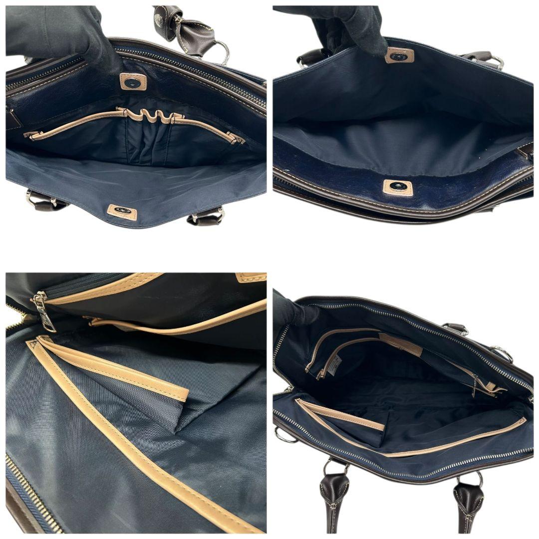 美品 ピーアイディー ビジネスバッグ 紺 ネイビー ブラウン 茶 レザー 本革 2way トートバッグ ハンドバッグ ショルダーバッグ A4収納 自立可 斜め掛け可 ロゴプレート シルバー金具 Pid x