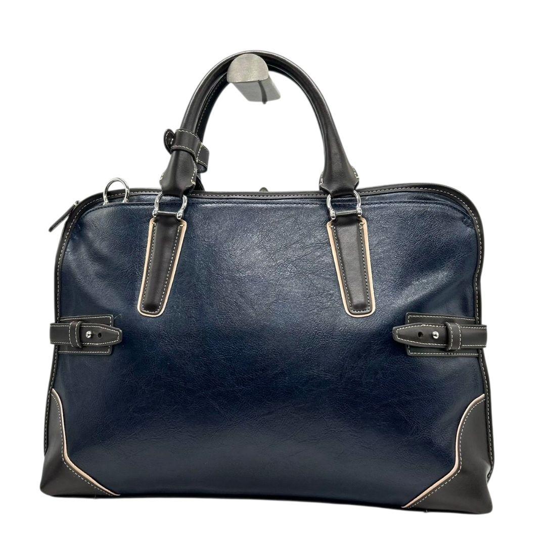 美品 ピーアイディー ビジネスバッグ 紺 ネイビー ブラウン 茶 レザー 本革 2way トートバッグ ハンドバッグ ショルダーバッグ A4収納 自立可 斜め掛け可 ロゴプレート シルバー金具 Pid x
