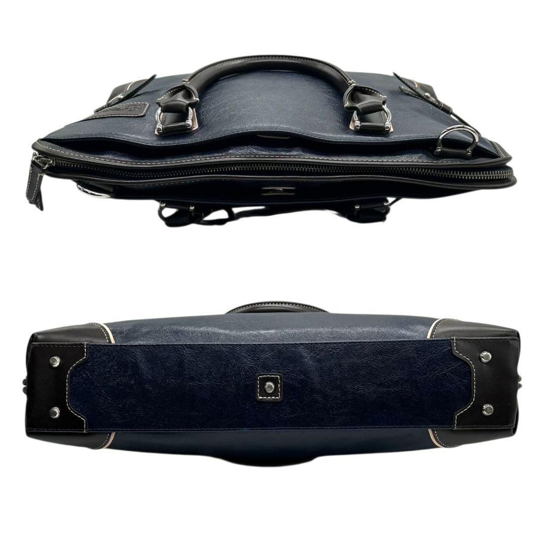 美品 ピーアイディー ビジネスバッグ 紺 ネイビー ブラウン 茶 レザー 本革 2way トートバッグ ハンドバッグ ショルダーバッグ A4収納 自立可 斜め掛け可 ロゴプレート シルバー金具 Pid x