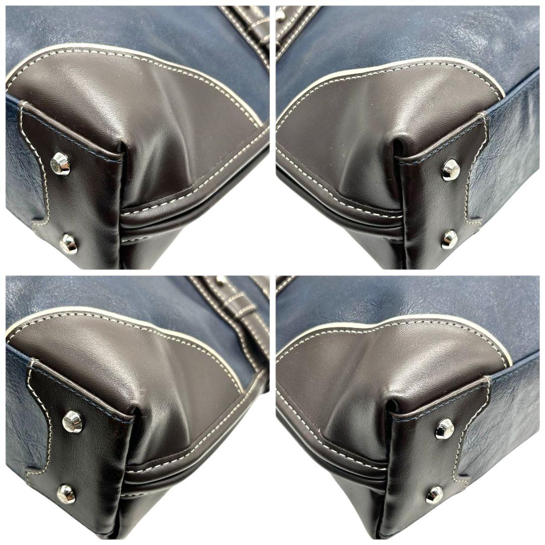 美品 ピーアイディー ビジネスバッグ 紺 ネイビー ブラウン 茶 レザー 本革 2way トートバッグ ハンドバッグ ショルダーバッグ A4収納 自立可 斜め掛け可 ロゴプレート シルバー金具 Pid x