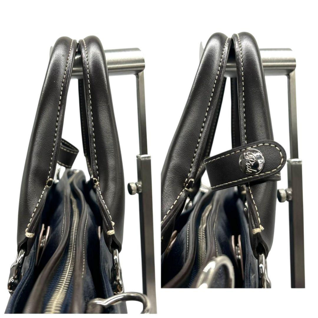 美品 ピーアイディー ビジネスバッグ 紺 ネイビー ブラウン 茶 レザー 本革 2way トートバッグ ハンドバッグ ショルダーバッグ A4収納 自立可 斜め掛け可 ロゴプレート シルバー金具 Pid x