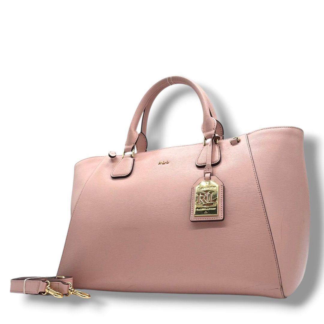 LAUREN RALPH LAUREN ローレンラルフローレン ハンドバッグ トート ショルダー 2way 斜め掛け可 A4収納 ピンク レザー 本革 ロゴ チャーム付き ゴールド金具 s5