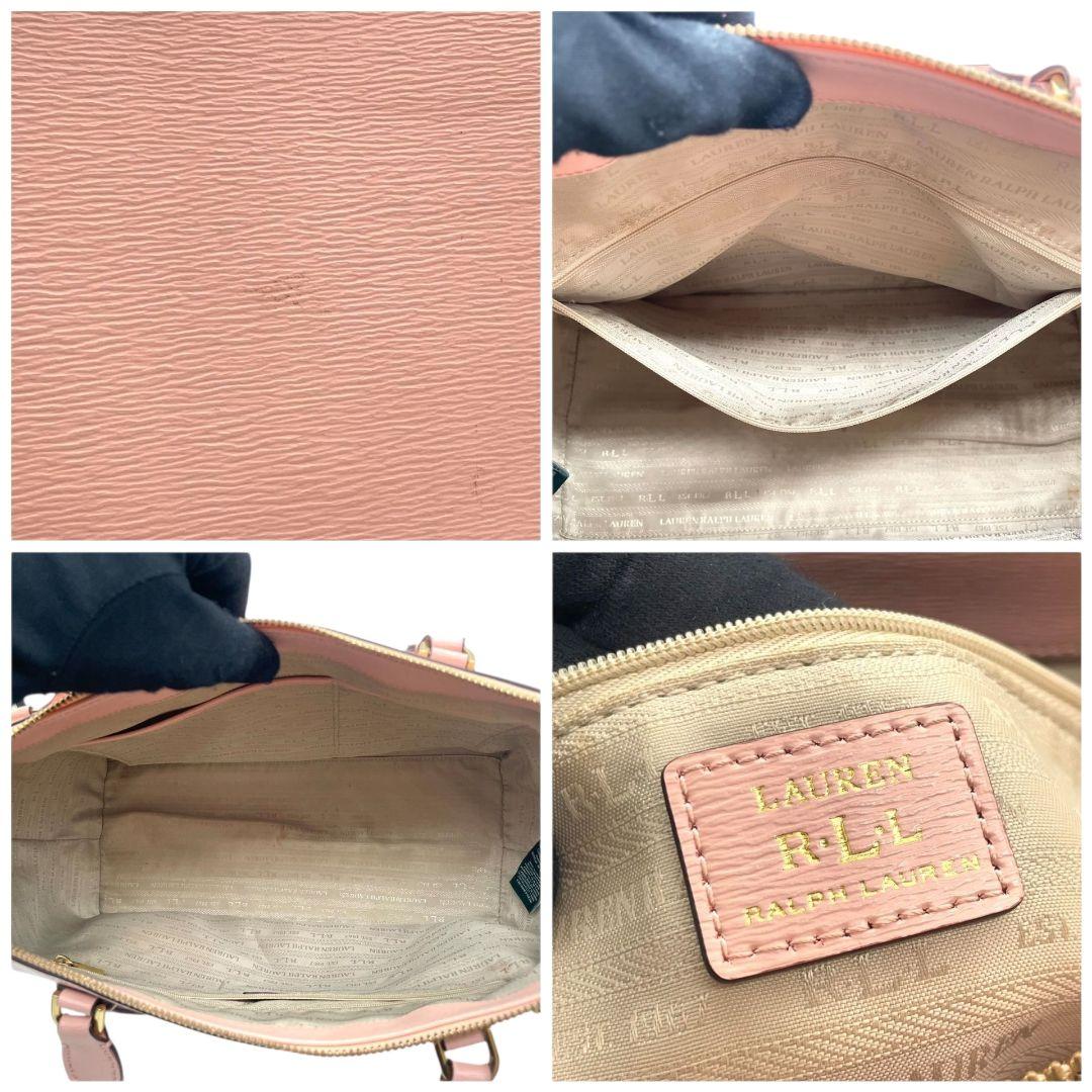 LAUREN RALPH LAUREN ローレンラルフローレン ハンドバッグ トート ショルダー 2way 斜め掛け可 A4収納 ピンク レザー 本革 ロゴ チャーム付き ゴールド金具 s5