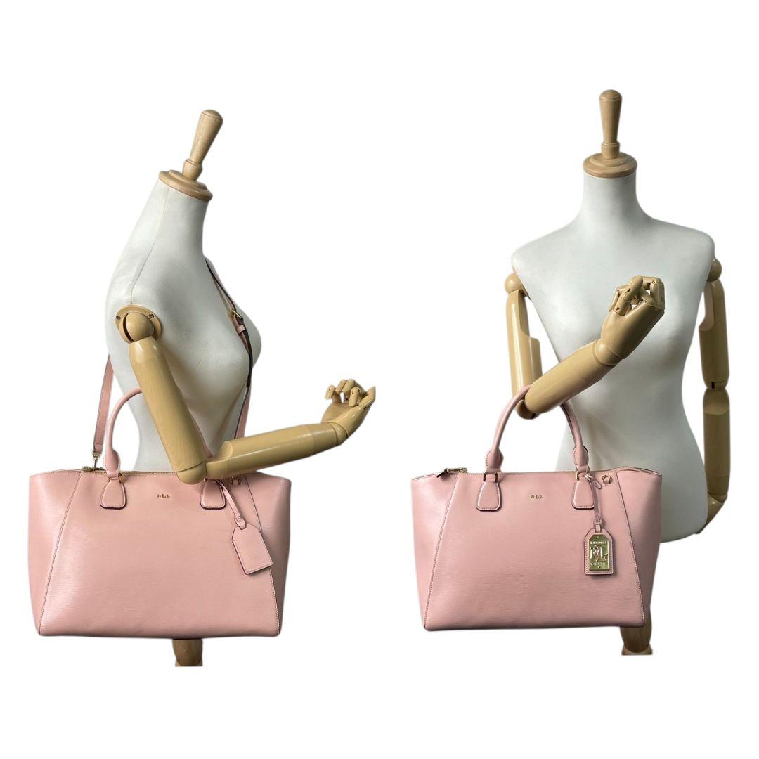 LAUREN RALPH LAUREN ローレンラルフローレン ハンドバッグ トート ショルダー 2way 斜め掛け可 A4収納 ピンク レザー 本革 ロゴ チャーム付き ゴールド金具 s5