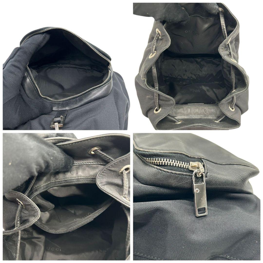 GUCCI グッチ バックパック リュック 黒 ブラック ナイロン レザー 本革 フラップ ロック金具 シルバー金具 ロゴプレート 自立可 メンズ レディース