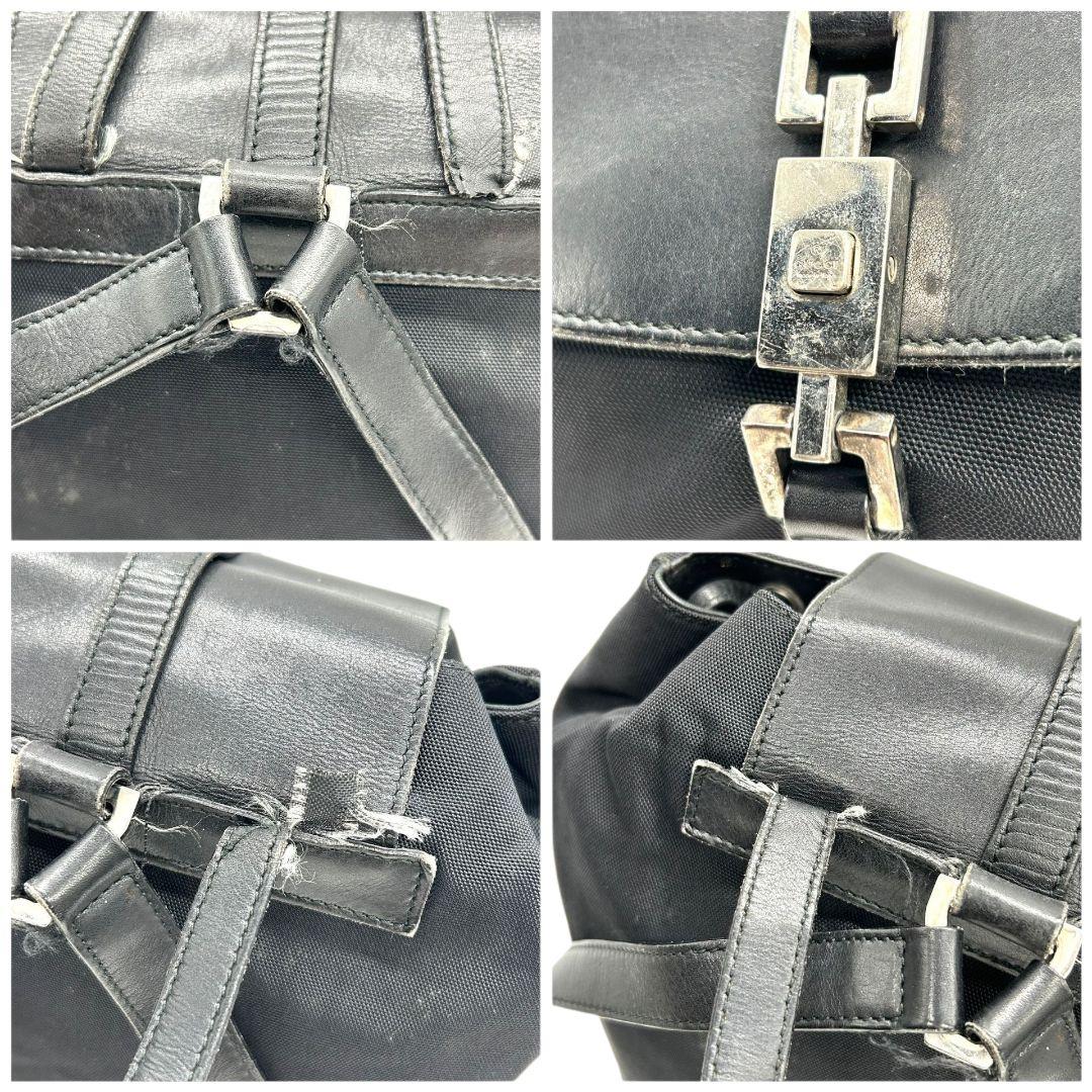 GUCCI グッチ バックパック リュック 黒 ブラック ナイロン レザー 本革 フラップ ロック金具 シルバー金具 ロゴプレート 自立可 メンズ レディース