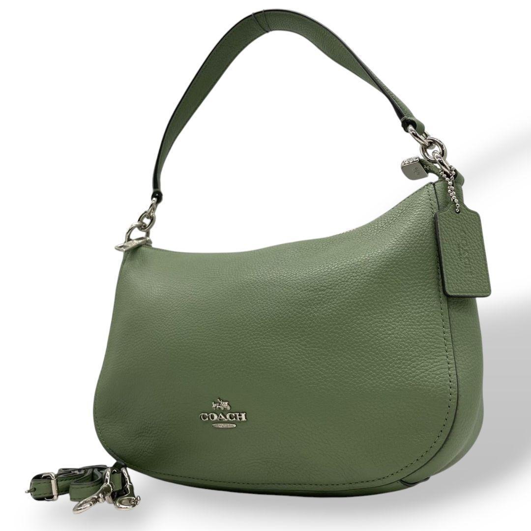 美品 コーチ ハンドバッグ 2way 緑 レザー ホーボー COACH 56819 s37 カーキ ライムグリーン 本革 斜め掛け可 ワンショルダー ロゴチャーム 自立可 シルバー金具 トートバッグ