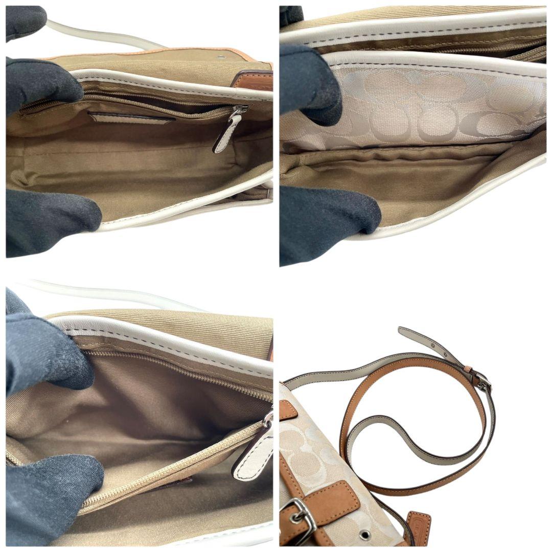 コーチ ショルダーバッグ アイボリー シグネチャー フラップ キャンバス T2 斜め掛け可 レザー 本革 ロゴタグ シルバー金具 6844 ホワイト COACH