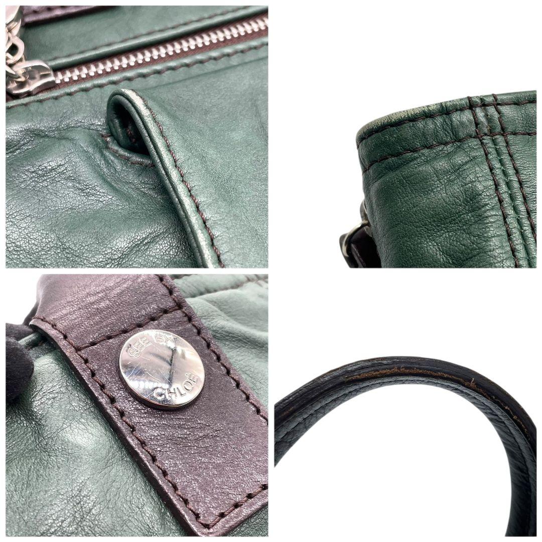 シーバイクロエ トートバッグ 緑 A4収納 ワンショルダー レザー s3 ハンドバッグ 肩掛け可 肩かけ可 本革 グリーン シルバー金具 ロゴプレート チャーム付き SeeByChloe