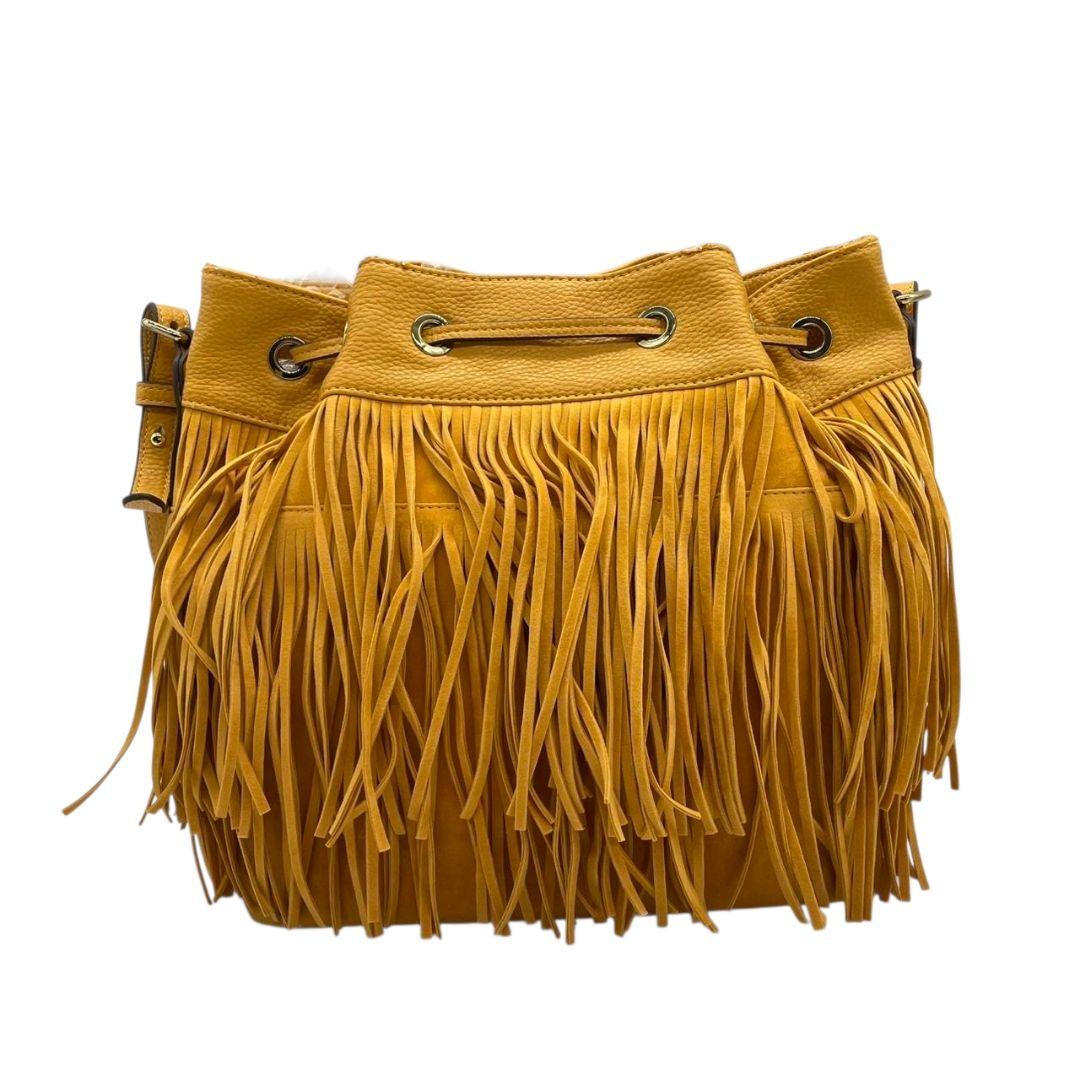サマンサベガ ショルダーバッグ 黄 イエロー フリンジ 巾着 斜め掛け可 スウェード レザー 本革 ゴールド金具 チャーム付き ロゴ s16 Samantha Vega