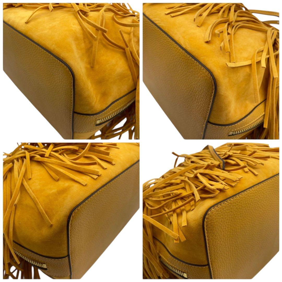 サマンサベガ ショルダーバッグ 黄 イエロー フリンジ 巾着 斜め掛け可 スウェード レザー 本革 ゴールド金具 チャーム付き ロゴ s16 Samantha Vega