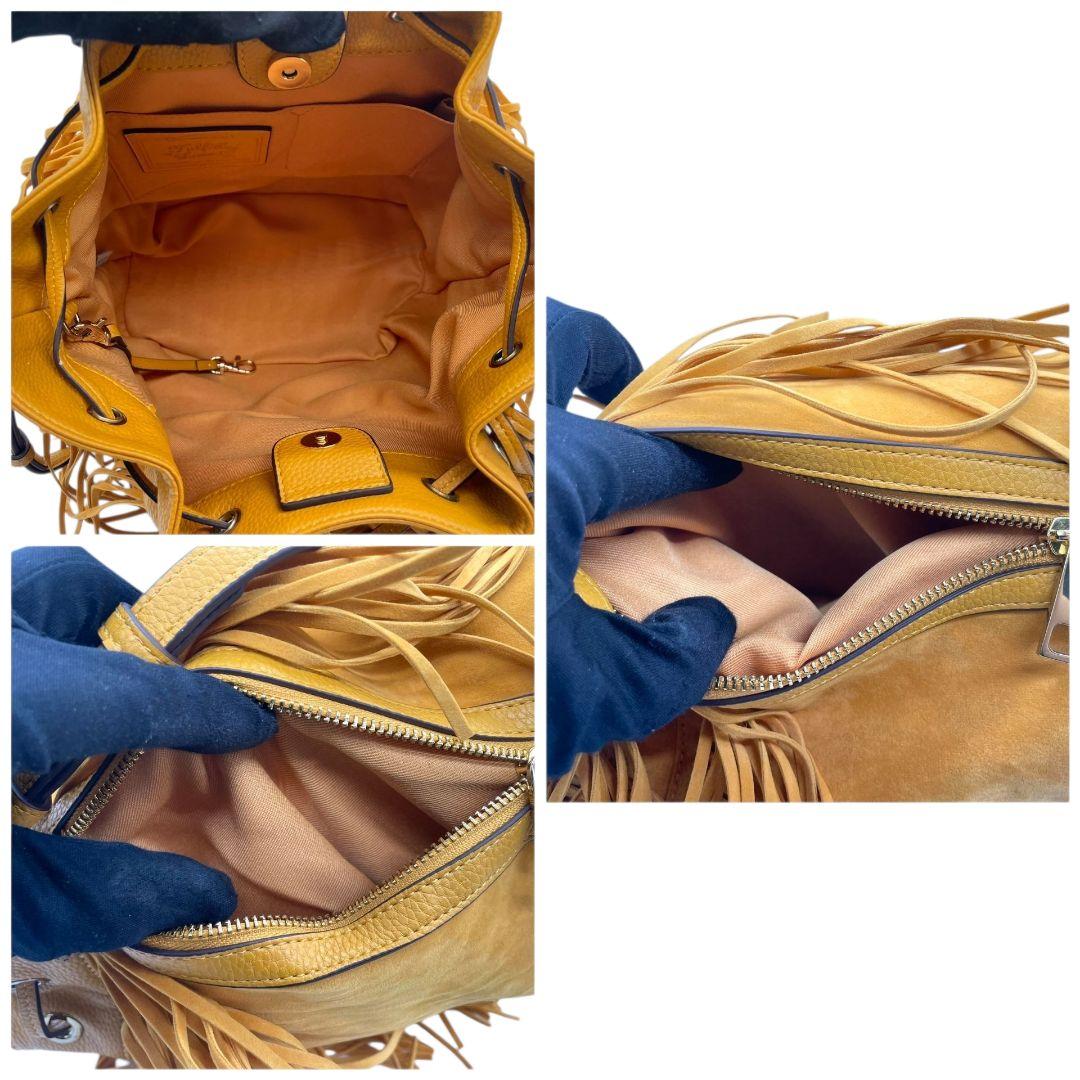 サマンサベガ ショルダーバッグ 黄 イエロー フリンジ 巾着 斜め掛け可 スウェード レザー 本革 ゴールド金具 チャーム付き ロゴ s16 Samantha Vega