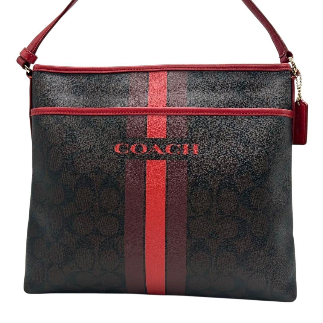 コーチ　ショルダーバッグ　茶　シグネチャー　ストライプ　PVC　レザー　s30　斜め掛け可　ゴールド金具　チャーム付き　ロゴ　ブラウン　レッド　赤　F38402　COACH
