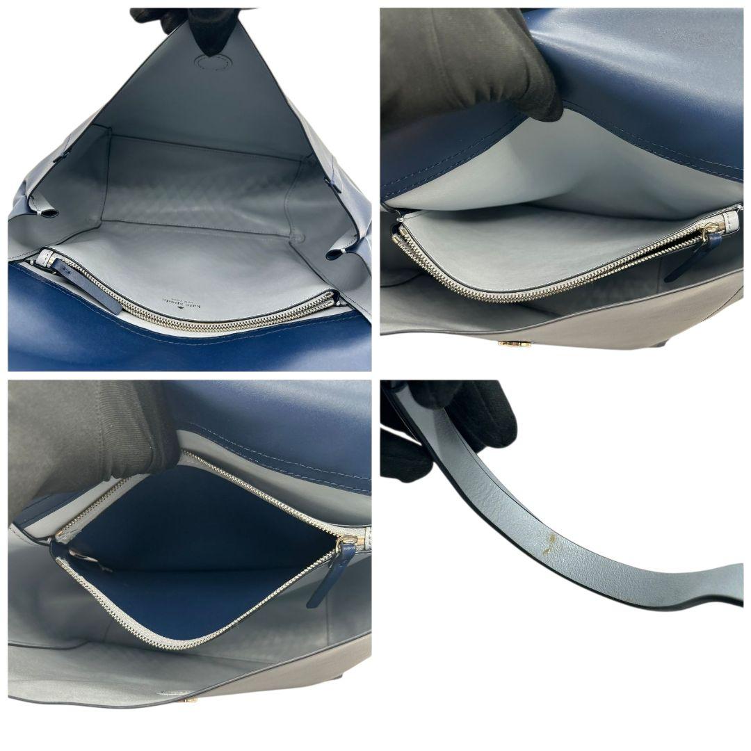 美品　ケイトスペード　リュックサック　紺　A4収納　フラップ　レザー　本革　ネイビー　ブルー　バックパック　ロゴプレート　シルバー金具　kate spade　上品デザイン