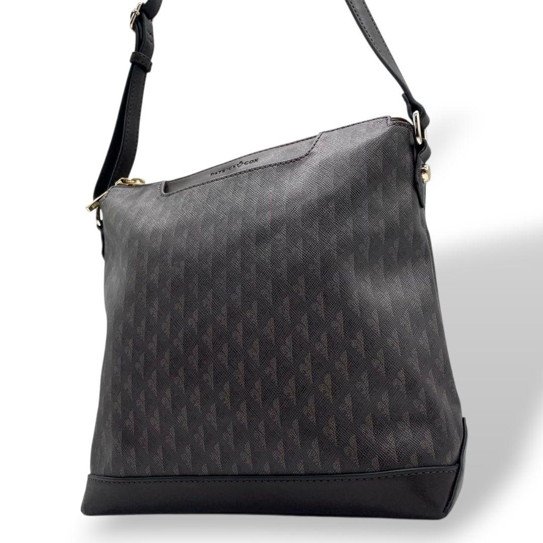 美品 パトリックコックス ショルダーバッグ 茶 総柄 斜め掛け可 レザー u14 本革 ゴールド金具 ロゴ ブラウン PATRICK COX