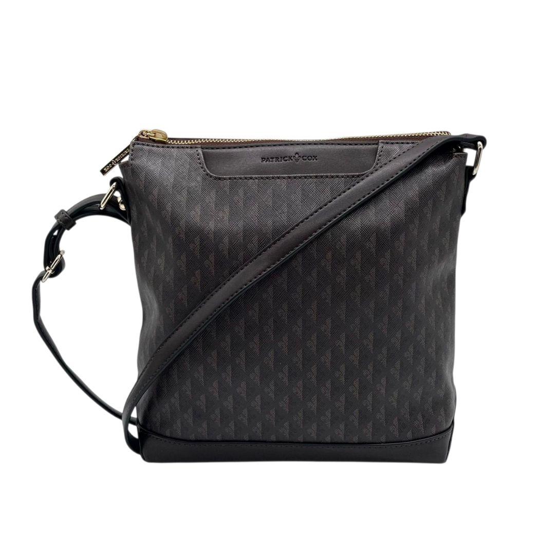 美品 パトリックコックス ショルダーバッグ 茶 総柄 斜め掛け可 レザー u14 本革 ゴールド金具 ロゴ ブラウン PATRICK COX