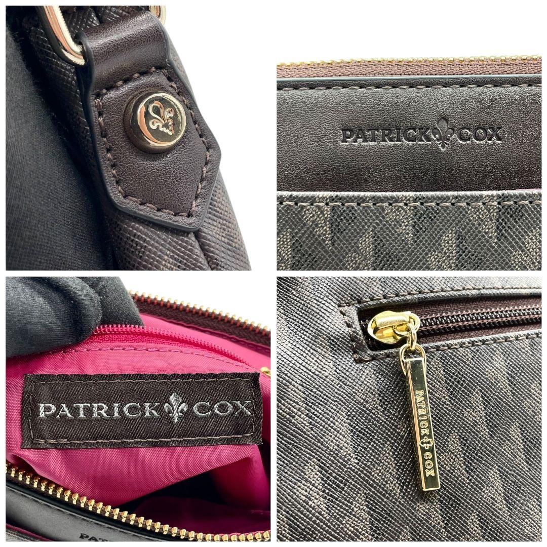 美品 パトリックコックス ショルダーバッグ 茶 総柄 斜め掛け可 レザー u14 本革 ゴールド金具 ロゴ ブラウン PATRICK COX