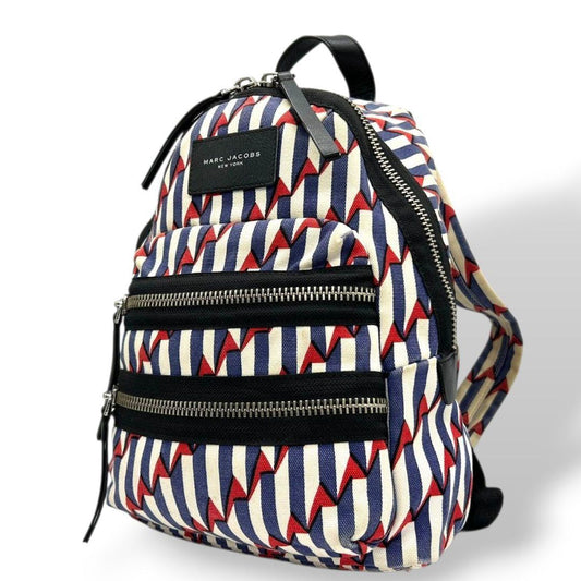 マークジェイコブス バックパック 総柄 ストライプ マルチカラー キャンバス レザー 本革 リュック ロゴプレート シルバー金具 おしゃれ E2 MARC JACOBS