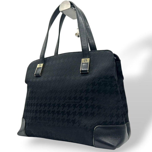 ミラショーン ハンドバッグ 黒 ブラック 千鳥格子 ワンショルダー トートバッグ 自立可 肩掛け可 ナイロン レザー 本革 ゴールド金具 ロゴ s62 mila schon 上品 高級