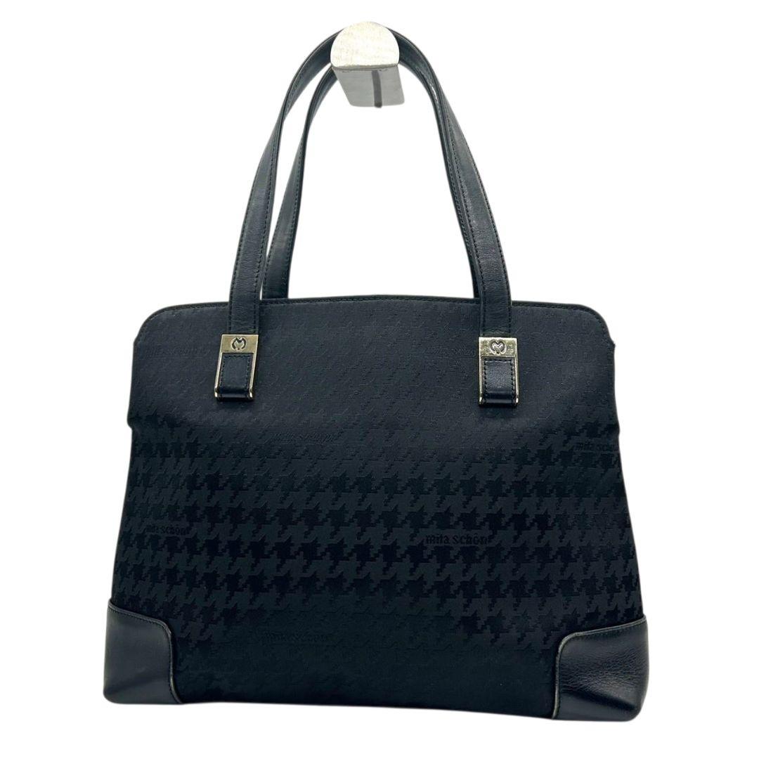 ミラショーン ハンドバッグ 黒 ブラック 千鳥格子 ワンショルダー トートバッグ 自立可 肩掛け可 ナイロン レザー 本革 ゴールド金具 ロゴ s62 mila schon 上品 高級
