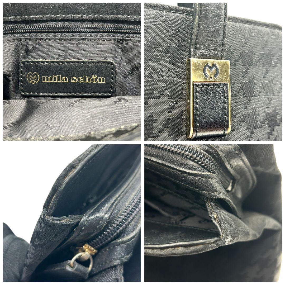 ミラショーン ハンドバッグ 黒 ブラック 千鳥格子 ワンショルダー トートバッグ 自立可 肩掛け可 ナイロン レザー 本革 ゴールド金具 ロゴ s62 mila schon 上品 高級