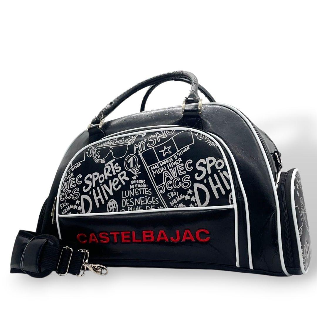CASTELBAJAC カステルバジャック ボストンバッグ ブラック 総柄 デカロゴ 2way 斜め掛け可 ショルダー トート ハンドバッグ レザー 本革 シリコン A4収納 シルバー金具 X