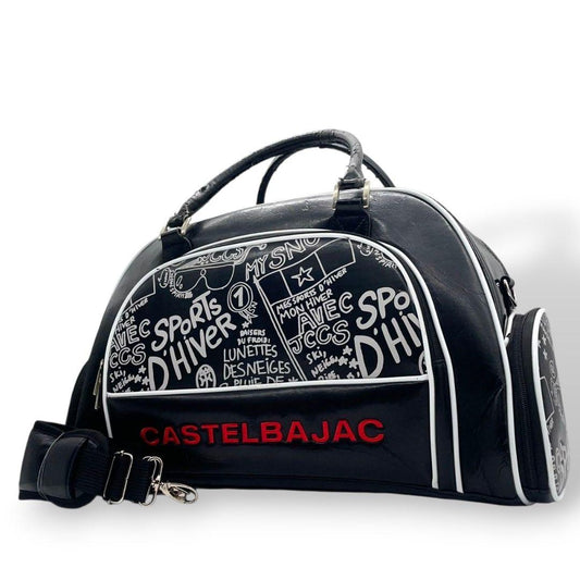 CASTELBAJAC カステルバジャック ボストンバッグ ブラック 総柄 デカロゴ 2way 斜め掛け可 ショルダー トート ハンドバッグ レザー 本革 シリコン A4収納 シルバー金具 X