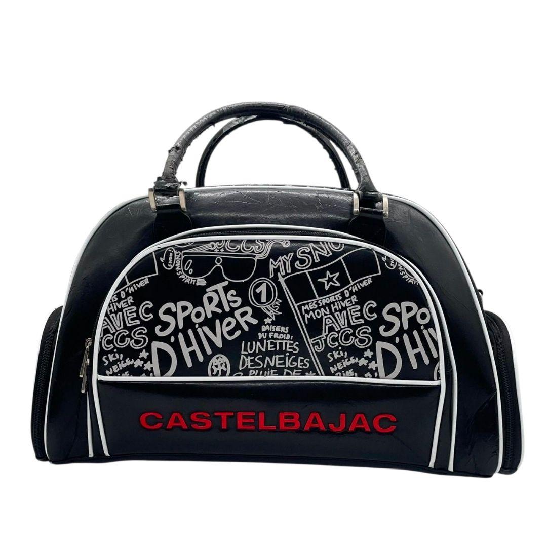 CASTELBAJAC カステルバジャック ボストンバッグ ブラック 総柄 デカロゴ 2way 斜め掛け可 ショルダー トート ハンドバッグ レザー 本革 シリコン A4収納 シルバー金具 X