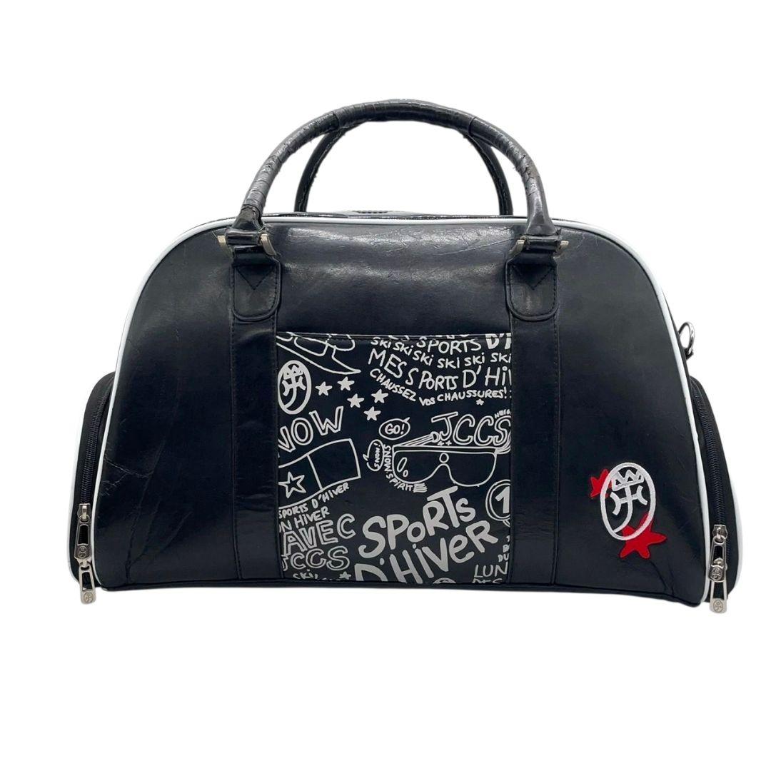 CASTELBAJAC カステルバジャック ボストンバッグ ブラック 総柄 デカロゴ 2way 斜め掛け可 ショルダー トート ハンドバッグ レザー 本革 シリコン A4収納 シルバー金具 X