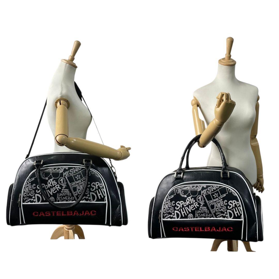 CASTELBAJAC カステルバジャック ボストンバッグ ブラック 総柄 デカロゴ 2way 斜め掛け可 ショルダー トート ハンドバッグ レザー 本革 シリコン A4収納 シルバー金具 X