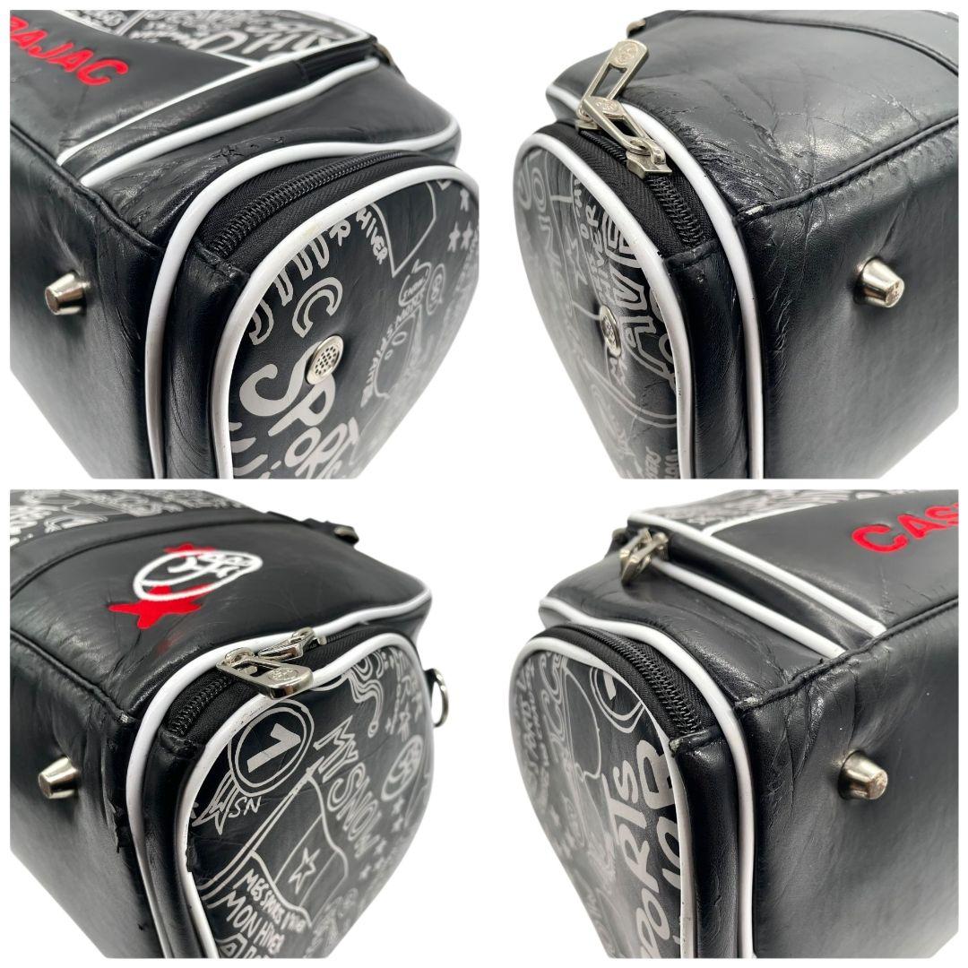 CASTELBAJAC カステルバジャック ボストンバッグ ブラック 総柄 デカロゴ 2way 斜め掛け可 ショルダー トート ハンドバッグ レザー 本革 シリコン A4収納 シルバー金具 X