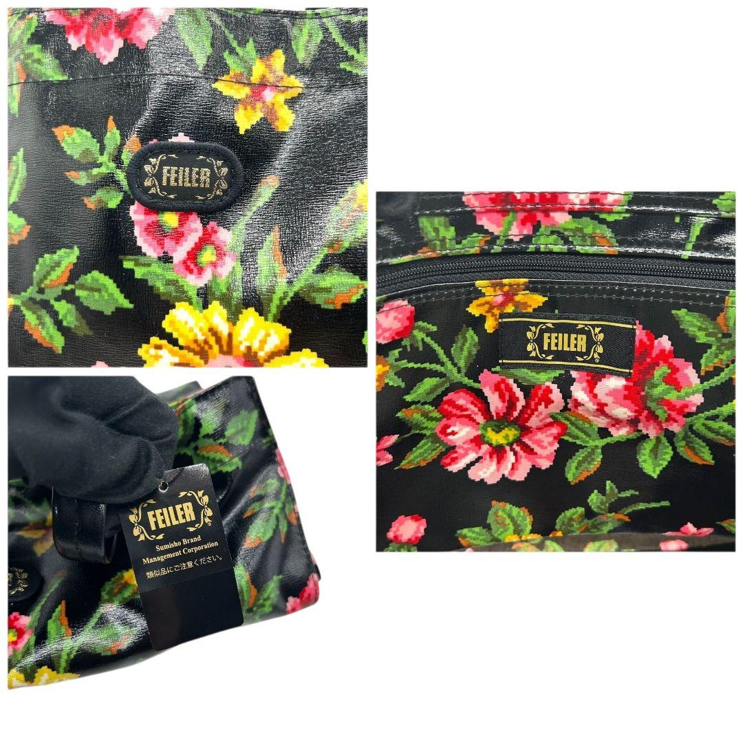フェイラー FEILER トートバッグ 黒 ブラック 花柄 フラワー ワンショルダー PVC ハンドバッグ ピンク イエロー 肩掛け可 ロゴ E レディース