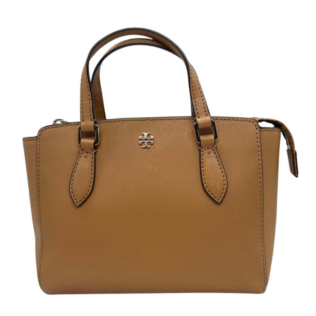 美品 トリーバーチ ハンドバッグ 茶 サフィアーノ 2way レザー PVC s42 ショルダーバッグ トートバッグ 自立可 斜め掛け可 ブラウン ゴールド金具 ロゴプレート 本革 TORY BURCH