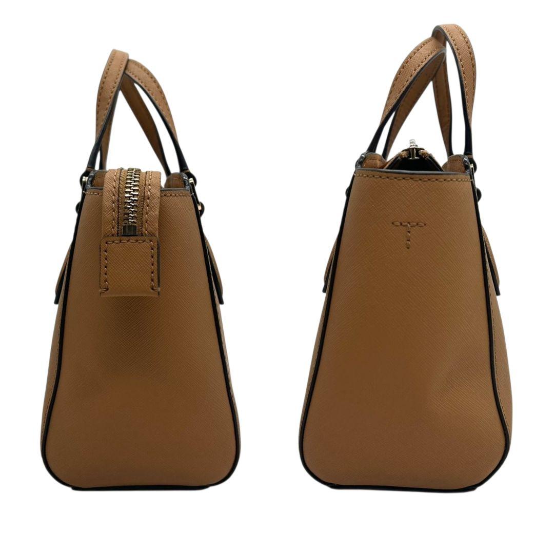 美品 トリーバーチ ハンドバッグ 茶 サフィアーノ 2way レザー PVC s42 ショルダーバッグ トートバッグ 自立可 斜め掛け可 ブラウン ゴールド金具 ロゴプレート 本革 TORY BURCH